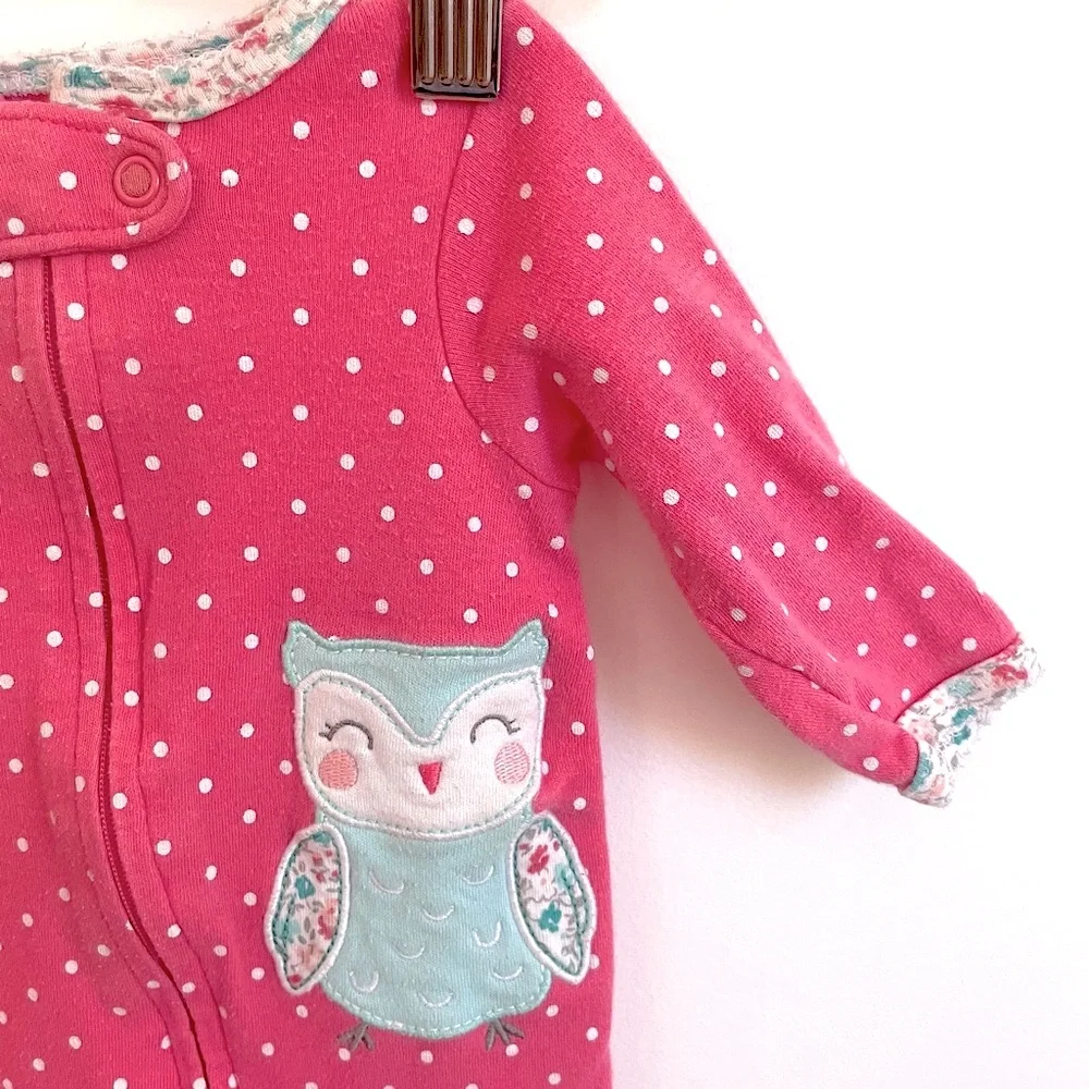 4/$20💥Owl Baby Girl Footie Sleeper One Piece, Pink & White Polka Dots - Picture 5 of 11